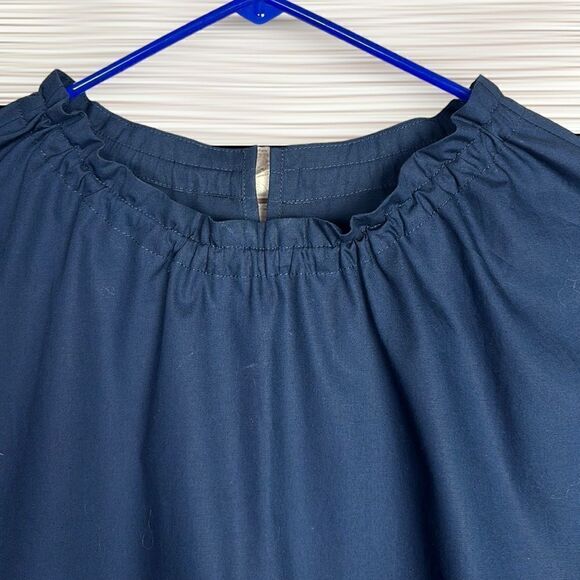 YUNE HO Cotton Navy Blue Peplum Top Relaxed Fit Blouse Drawstring Neck M - Picture 5 of 15